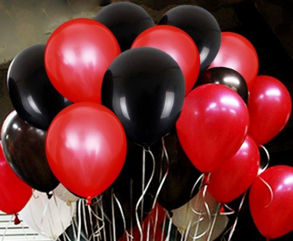 25 Adet Metalik Sedefli (Kırmızı-Siyah) Karışık Balon Helyumla Uçan