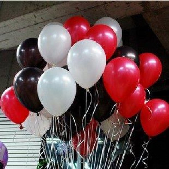 30 Adet Metalik Sedefli (Beyaz-Kırmızı-Siyah) Karışık Balon Helyumla Uçan