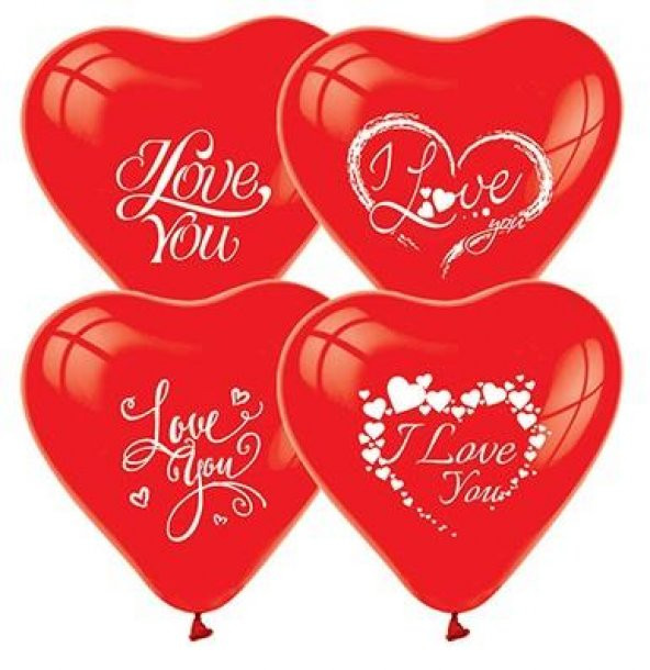 25 Adet Kırmızı Kalp Balonu I Love You Baskılı Helyumla Uçan