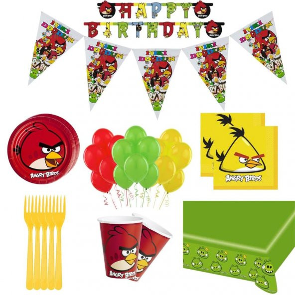 16 Kişilik Angry Birds Doğum Günü Konsepti Bardak Çatal Balon Seti