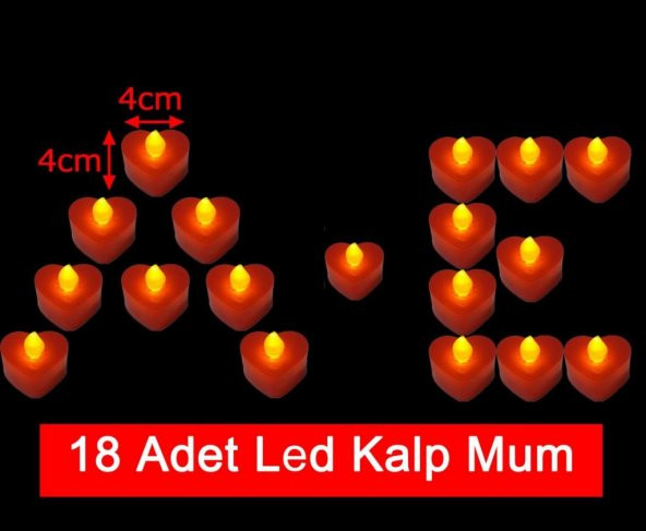 18 Adet 4x4cm Işıklı Kalp Mum Görünümlü, Kırmızı Led Mum