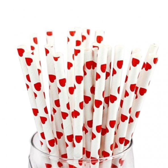 25 Adet Kırmızı Kalp Desenli Beyaz Karton Pipet, Doğum Günü Parti
