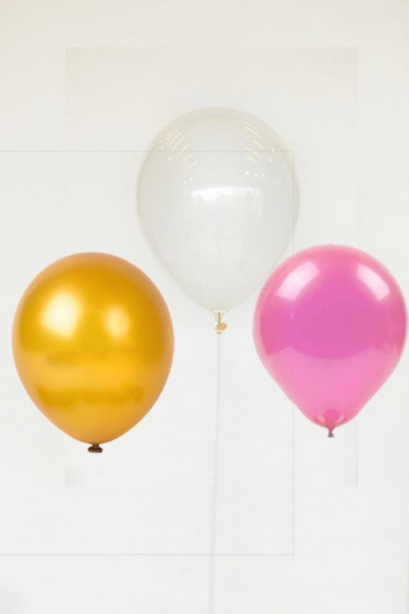 30 Adet Metalik Gold-Şeker Pembe-Şeffaf Balon, Helyumla Uçan