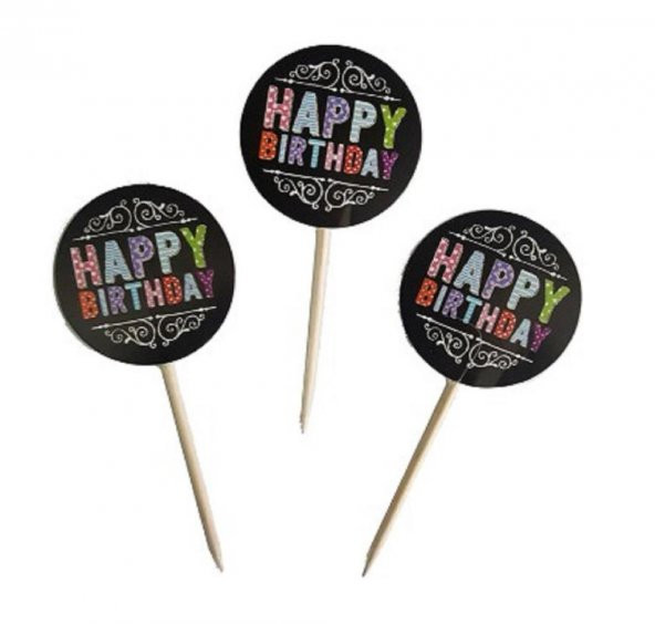 20 Siyah Happy Birthday Yazılı Cup Cake Kek Parti Sunum Kürdanı