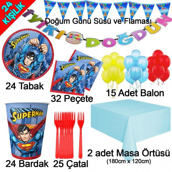 24 Kişilik Lüks Superman Doğum Günü Konsepti Çatal Tabak Balon vb