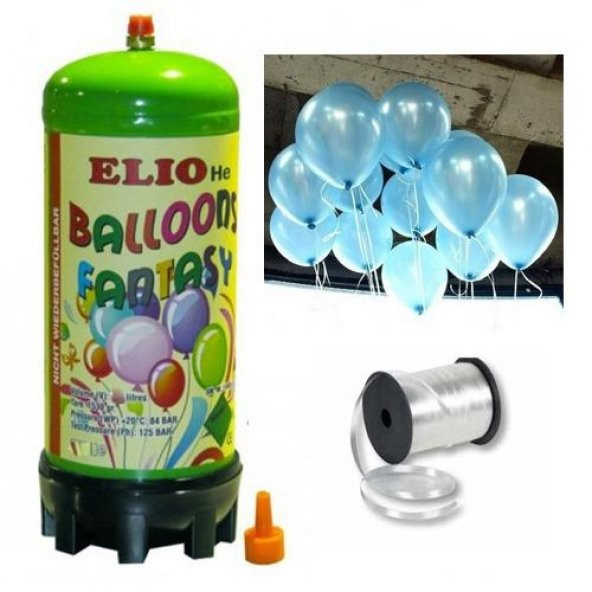 Helyum Gazı Tüp + 20 Adet Açık Mavi Metalik Uçan Balon + İpi - 3