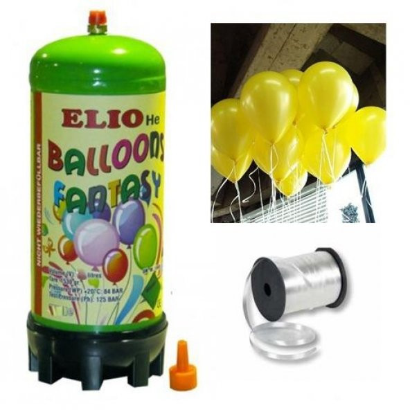Helyum Gazı Tüp + 20 Adet Sarı Balon Metalik Uçan Balon + İpi - 3