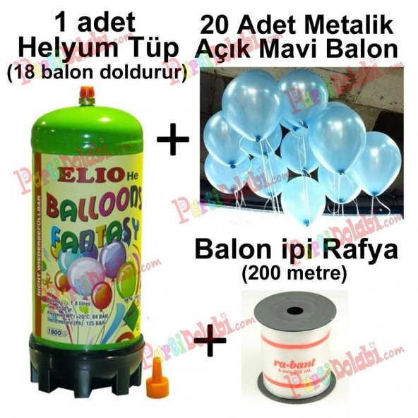Helyum Gazı Tüp + 20 Adet Açık Mavi Metalik Uçan Balon + İpi - 2