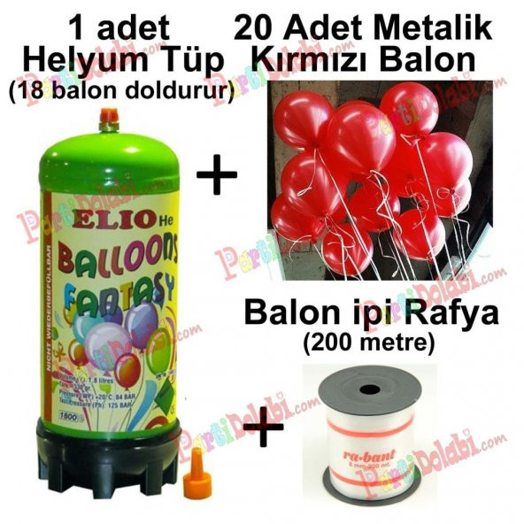 Helyum Gazı Tüp + 20 Adet Kırmızı Balon Metalik Uçan Balon + İpi - 2