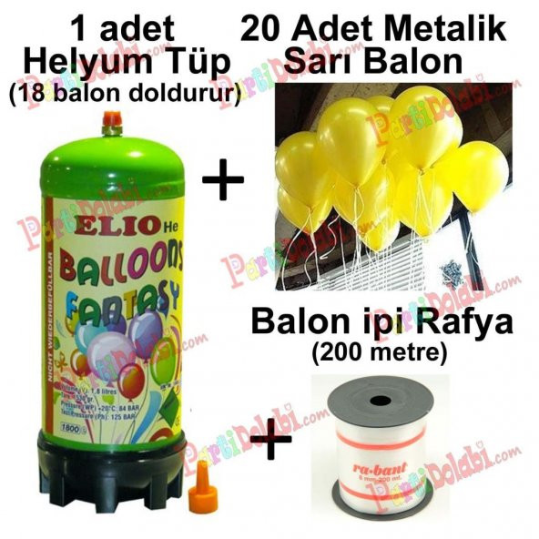 Helyum Gazı Tüp + 20 Adet Sarı Balon Metalik Uçan Balon + İpi - 2