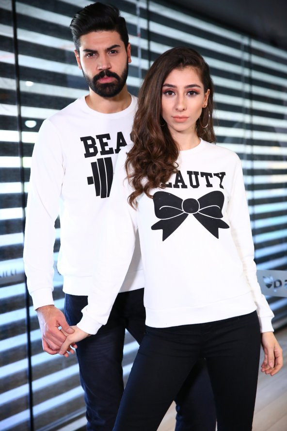 Sevgili Kombinleri Beast - Beauty Sweatshirt Beyaz