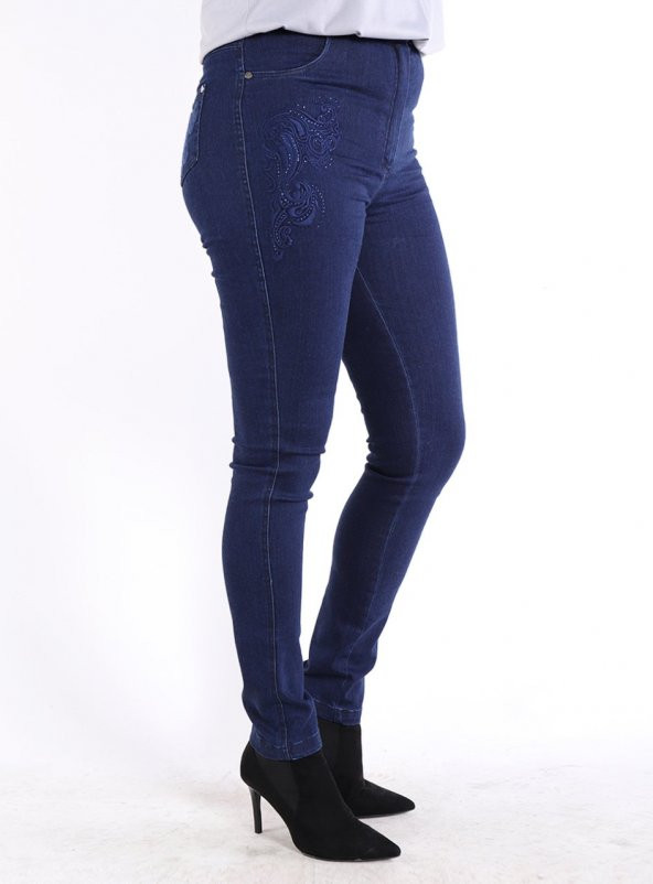 Büyük Beden Tribella Nakışlı Denim Pant. Lacivert - 2