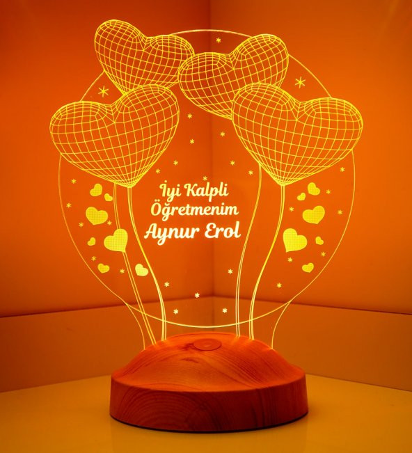 3D Led 3Boyutlu Kişiye Özel Hediye Balon Kalpler Küre Gecelambası