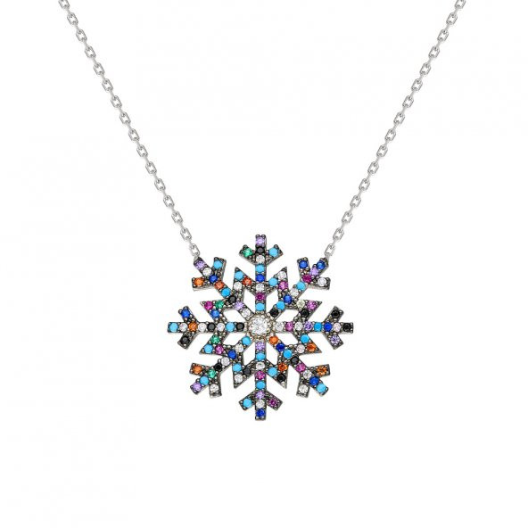 Renkli Zirkon Taşlı Kar Tanesi Tasarım 925 Ayar Gümüş Bayan Kolye - 5