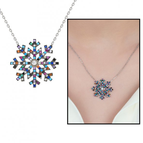 Renkli Zirkon Taşlı Kar Tanesi Tasarım 925 Ayar Gümüş Bayan Kolye