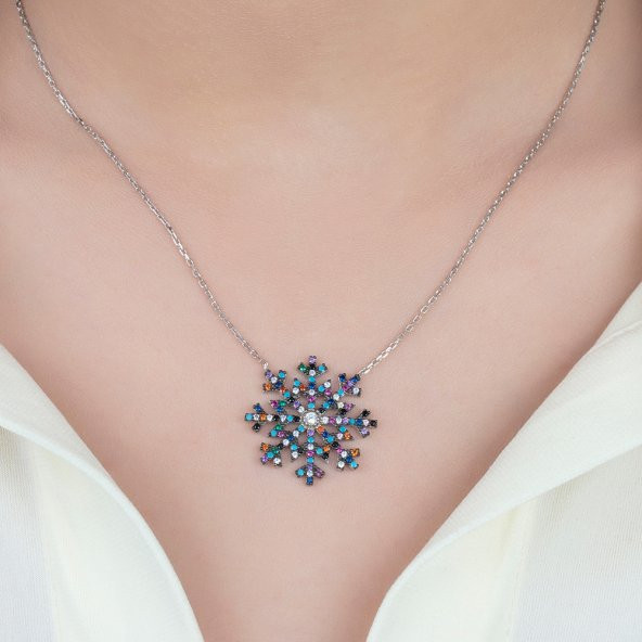 Renkli Zirkon Taşlı Kar Tanesi Tasarım 925 Ayar Gümüş Bayan Kolye - 3