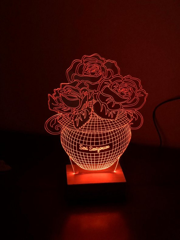 3D 3Boyutlu Vazo Gül Kişiye Özel Hediye 10 RENK LED Gecelambası