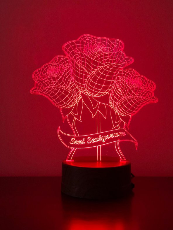 3D 3Boyutlu Gül demeti Kişiye Özel Hediye 10 RENK LED Gecelambası