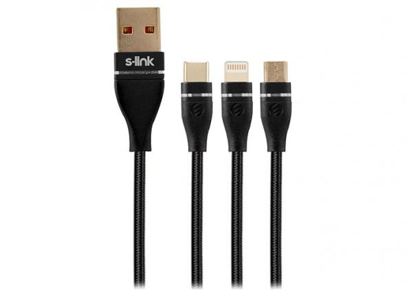 S-link Swapp SW-C900 1M 3A MicroUSB+Lightning+TypeC 3 in 1 Siyah