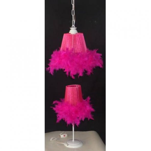 Fuşya tuylu avize abajur seti