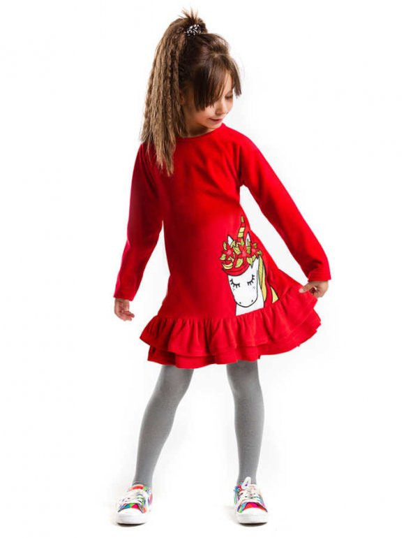 Denokids Yılbaşı Unicorn Kadife Kız Çocuk  Elbise