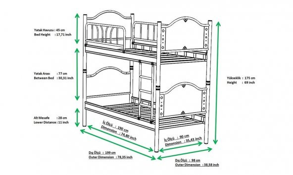 Tulipa Baby Ferforje Metal Ahşap Ranza 80x160 - 6
