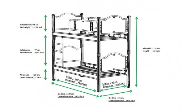 Zerren Tek Kişilik Metal Ahşap Ranza 90*200 cm - 7