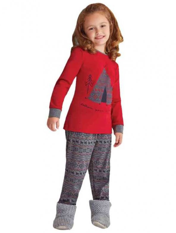 Bsm Kız Çocuk Aile Kombin Kırmızı Pijama Takımı 11380