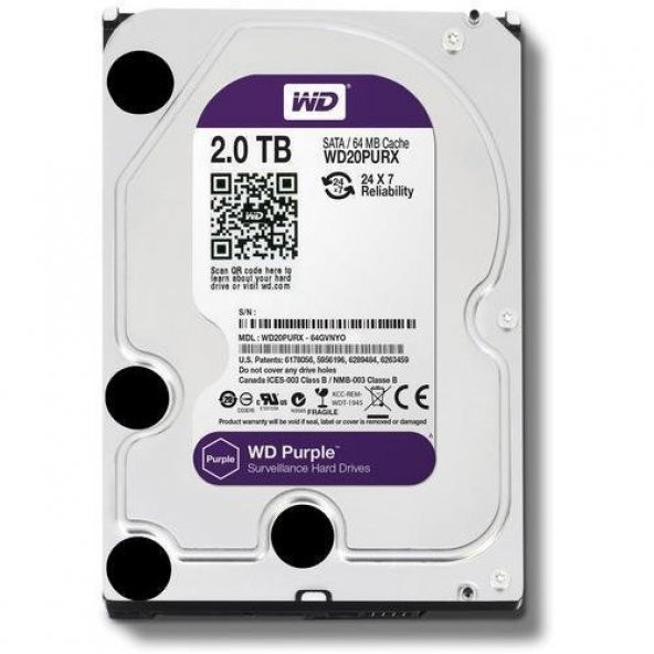 WD Purple 2TB Sata 3 64Mb 3,5" Güvenlik Diski 7x24 (WD20PURX)