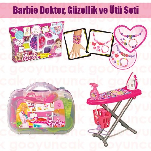 Barbie Eğitici Set Barbie Oyuncak Ütü Masası ve Ütü Kutulu Boncuk Takı Seti ve  9 Parça Doktor Seti