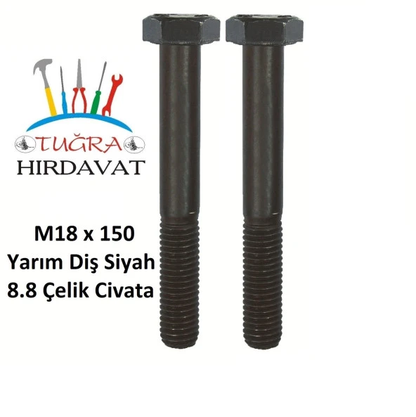 M18x150 Din 931 8.8 Kalite Akb Yarım Paso Çelik Civata Siyah 5 Ad