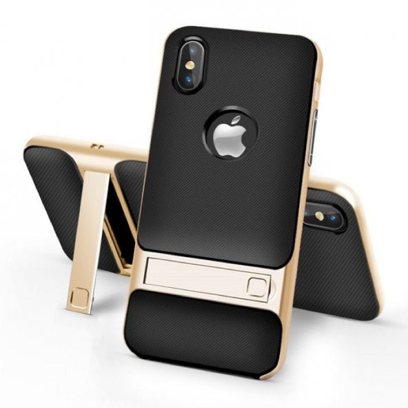 Apple iPhone X Gizli Stand Gold Kılıf Arka Koruyucu Kapak
