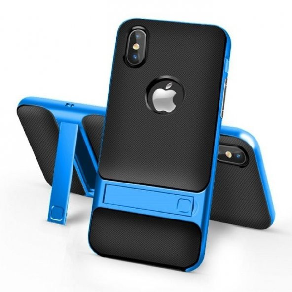 Apple iPhone X Gizli Stand Mavi Kılıf Arka Koruyucu Kapak