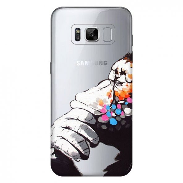 Samsung Galaxy S8 Kılıf Düşünen Maymun Baskılı Silikon Kap Kapak + Kırılmaz Cam Ekran Koruyucu