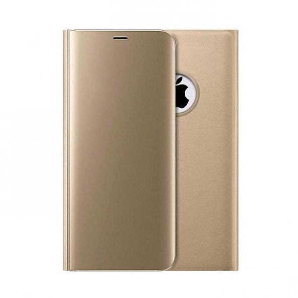 Apple iPhone X Flip Ayna Kapaklı Gold Stand Kılıf Arka Koruyucu Kapak