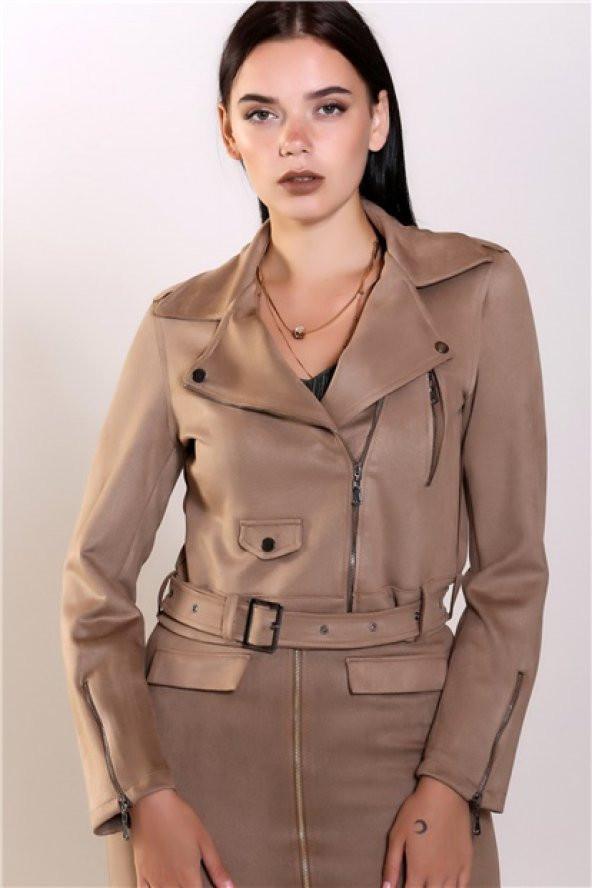 SATEEN KEMERLİ FERMUARLI BAYAN SÜET CEKET - 141-6514-V VİZON / SİYAH