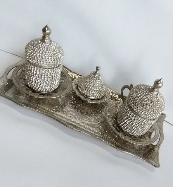 Swarovski Taş İşlemeli Gümüş Renk İkili Osmanlı Kahve Takımı