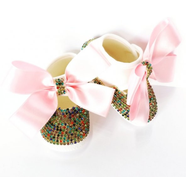 Renkli Swarovski Taşlı Kız Bebek Ayakkabısı