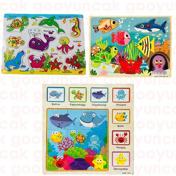 Eğitici Ahşap Tutmalı 3 in 1 Set Sevimli Deniz Canlıları Çivili Puzzle Okul Öncesi Bultak Oyuncak