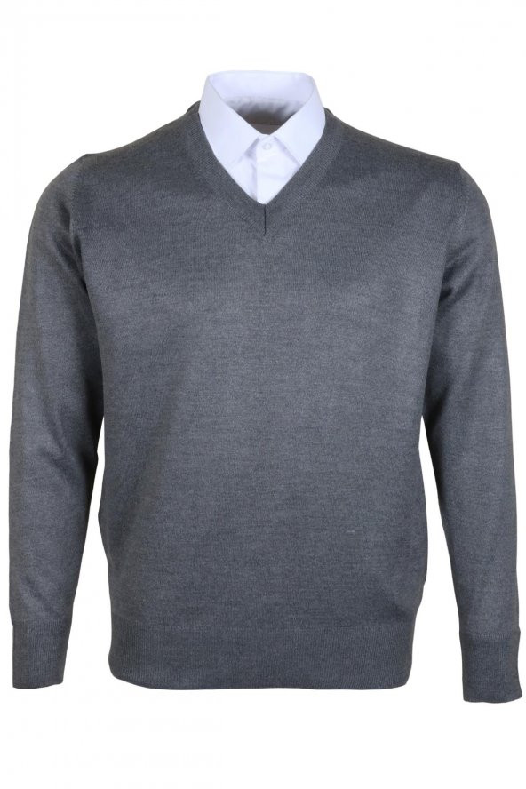 Erkek Yünlü Kazak V Yaka Normal Klasik Kesim Gri RAR00374