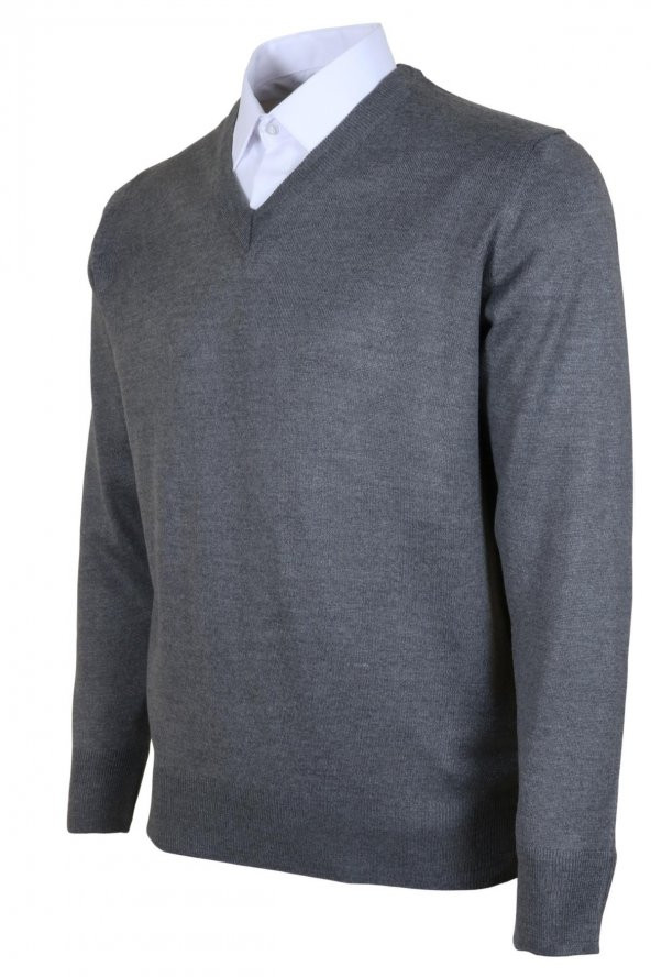 Erkek Yünlü Kazak V Yaka Normal Klasik Kesim Gri RAR00374 - 2