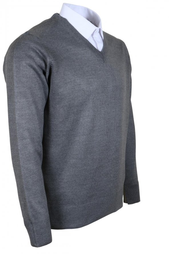 Erkek Yünlü Kazak V Yaka Normal Klasik Kesim Gri RAR00374 - 3