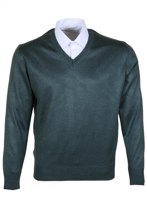 Erkek Yünlü Kazak V Yaka Normal Klasik Kesim Yeşil RAR00375