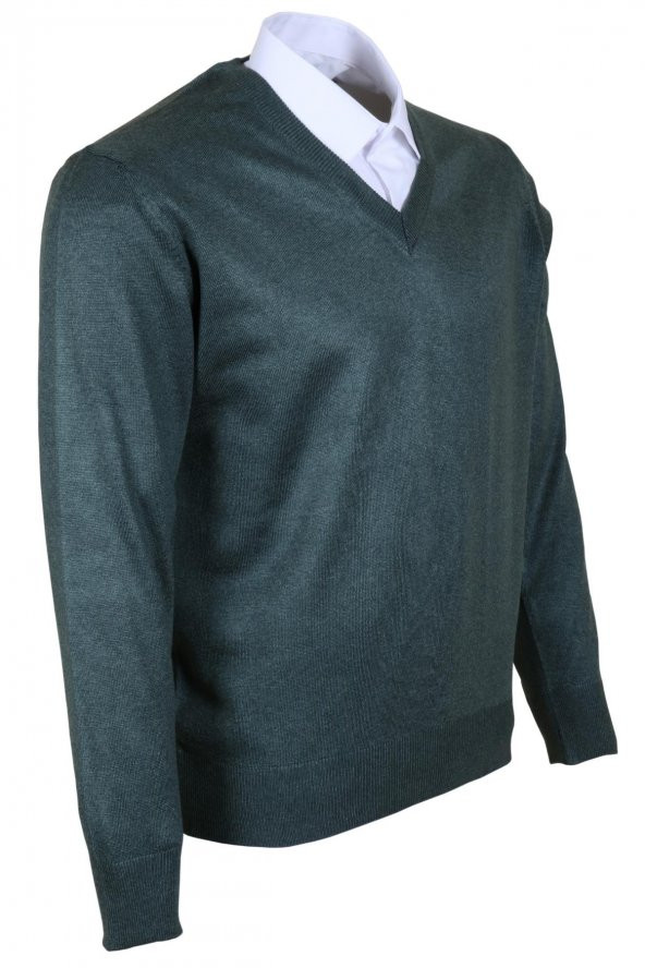 Erkek Yünlü Kazak V Yaka Normal Klasik Kesim Yeşil RAR00375 - 2