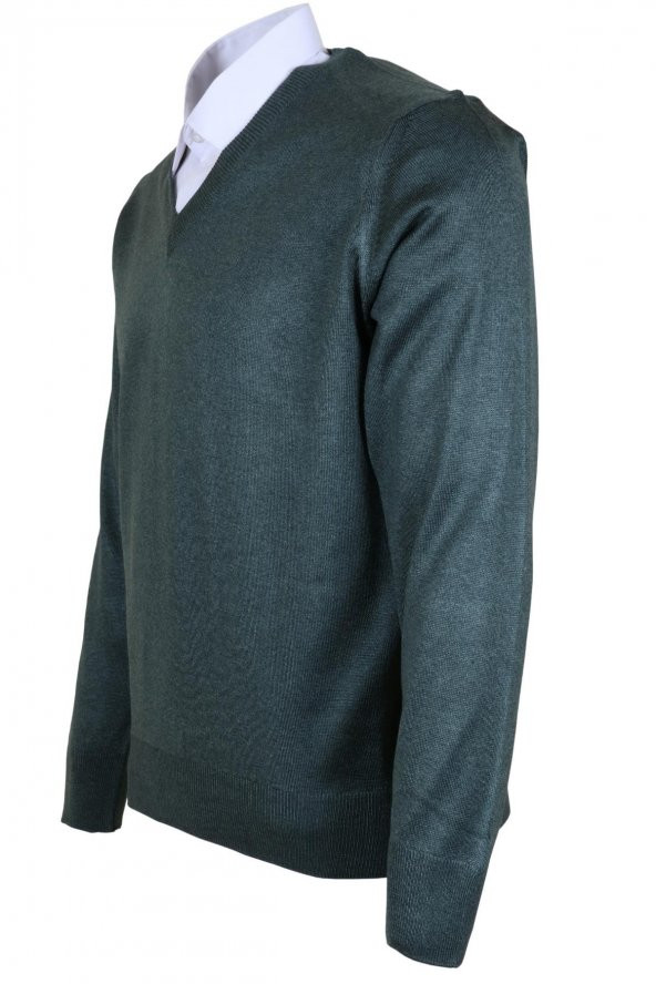 Erkek Yünlü Kazak V Yaka Normal Klasik Kesim Yeşil RAR00375 - 3