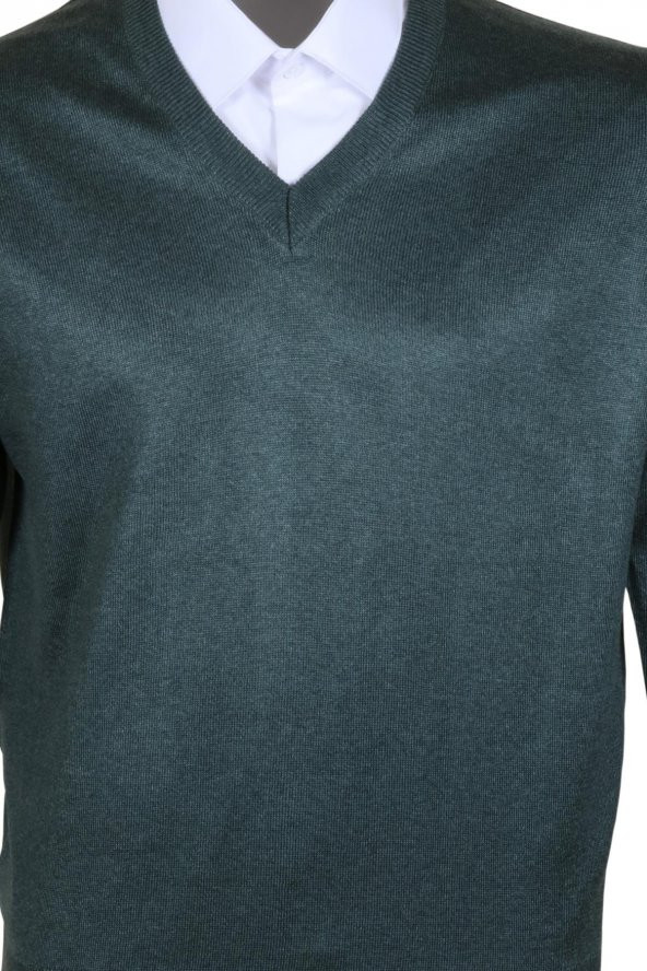Erkek Yünlü Kazak V Yaka Normal Klasik Kesim Yeşil RAR00375 - 5