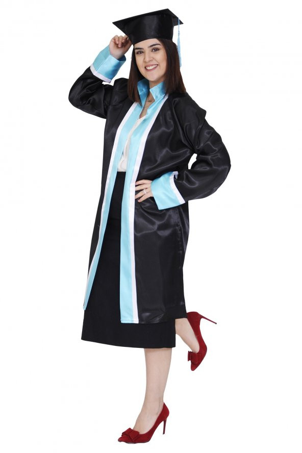 Mezuniyet Kep Cübbe Lise Siyah Turkuaz Beyaz Şeritli - 2