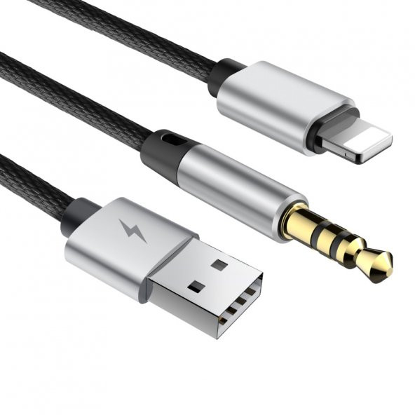 Baseus L34 Apple to 3,5mm Usb şarj Audio Kablo Gümüş/Siyah