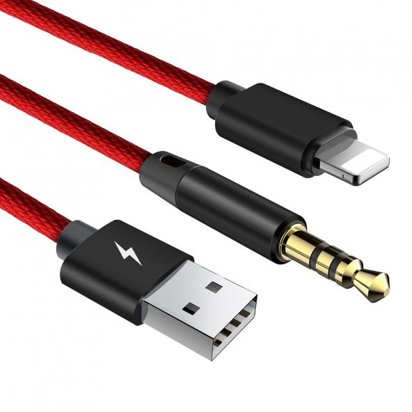 Baseus L34 Apple to 3,5mm Usb şarj Audio Kablo Kırmızı