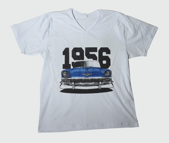 M T-Shirt V Yaka 1956 Chevrolet Belair Dijital Baskılı Beyaz
